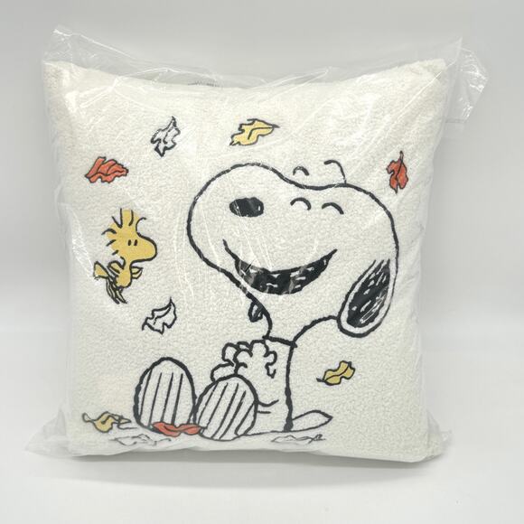Peanuts Snoopy & Woodstock Fall Leaves Square 18” Sherpa Pillow NEW